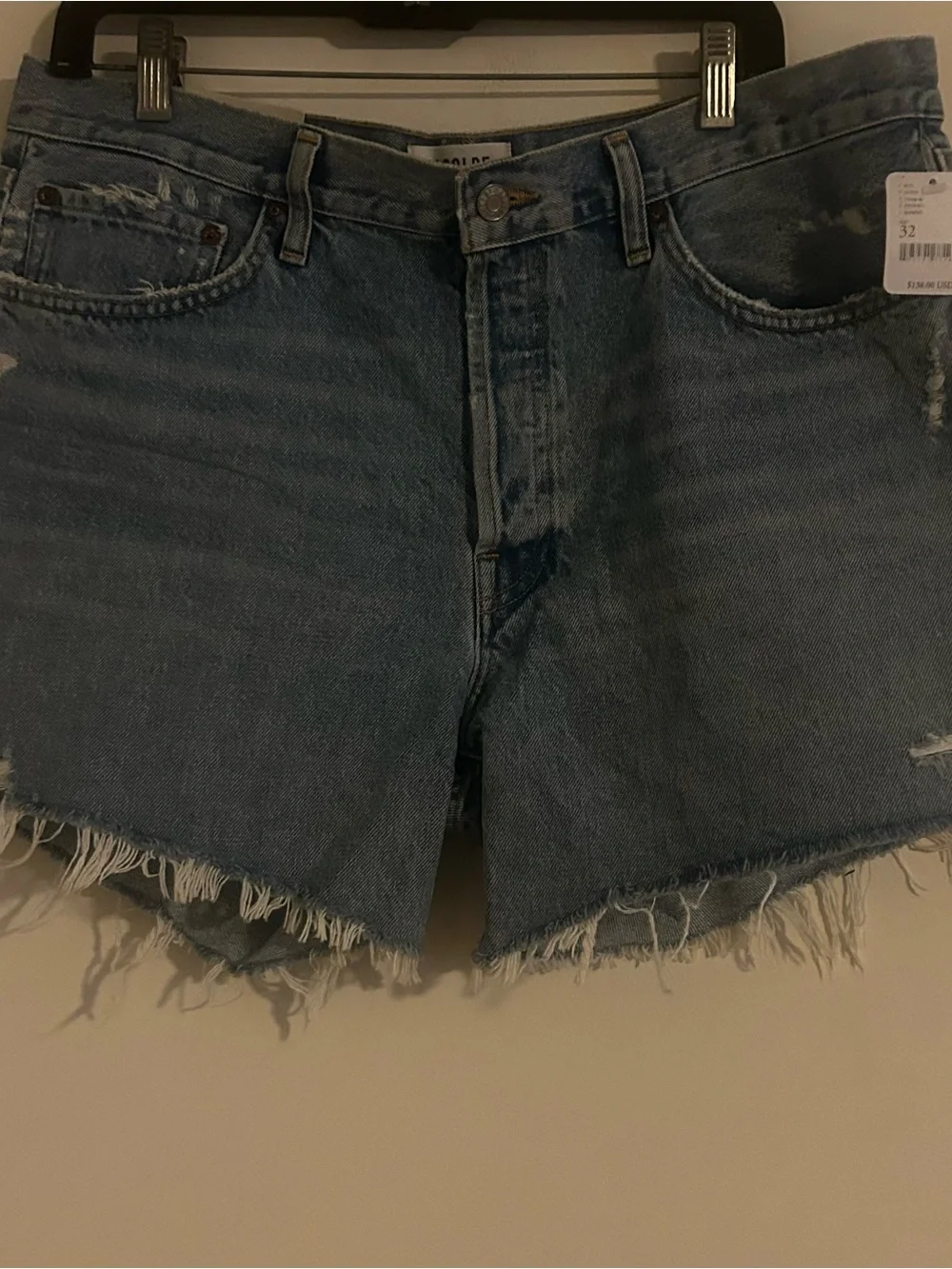 Agolde Parker Long Denim Shorts  Blue Raw Hem  Swapmeet Button Fly Size 32 NWT
